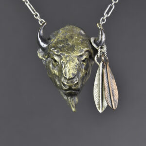 Buffalo with Feathers Bronze Necklace
